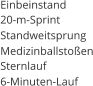 Einbeinstand 20-m-Sprint Standweitsprung Medizinballstoßen Sternlauf 6-Minuten-Lauf